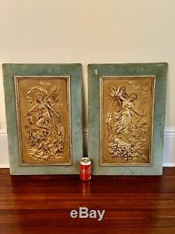 Rare Large Pair Art Nouveau Gilt Bronze Copper Plaque Signed Reduced