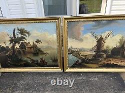 Rare PAIR ANTIQUE FRENCH FOLK ART OIL PAINTINGs 19th CENTURY SIGNED Int Dated