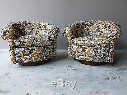 Rare Pair 70's Signed Milo Baughman Burl Barrel Back Lounge Chairs