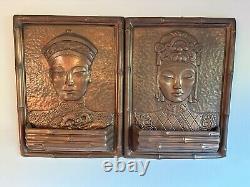 Rare Pair Antique Copper Relief Asian Man And Woman Wall Planters Artist Signed