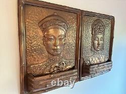 Rare Pair Antique Copper Relief Asian Man And Woman Wall Planters Artist Signed