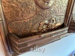 Rare Pair Antique Copper Relief Asian Man And Woman Wall Planters Artist Signed