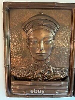 Rare Pair Antique Copper Relief Asian Man And Woman Wall Planters Artist Signed