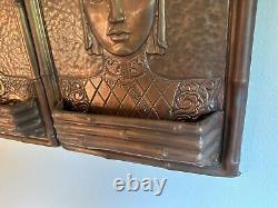 Rare Pair Antique Copper Relief Asian Man And Woman Wall Planters Artist Signed