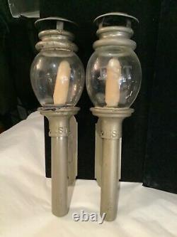 Rare Pair Antique Signed A. Butin Pewter Railroad Coach Candle Lanterns N. R