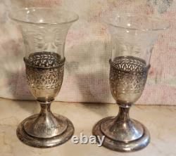 Rare Pair Antique Tiffany & Co Sterling Silver Crystal Vase Toasting Cups Signed