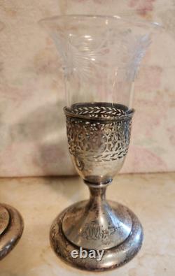 Rare Pair Antique Tiffany & Co Sterling Silver Crystal Vase Toasting Cups Signed