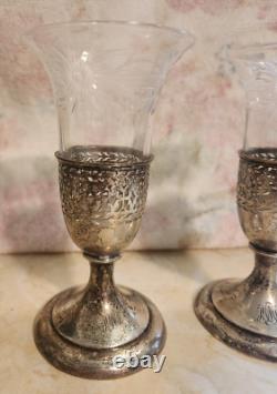 Rare Pair Antique Tiffany & Co Sterling Silver Crystal Vase Toasting Cups Signed