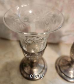 Rare Pair Antique Tiffany & Co Sterling Silver Crystal Vase Toasting Cups Signed