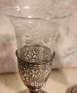 Rare Pair Antique Tiffany & Co Sterling Silver Crystal Vase Toasting Cups Signed
