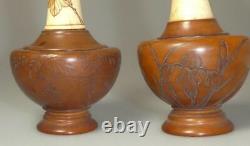 Rare Pair Bovine Bone + Bamboo Vases Chinese Japanese Signed Shou