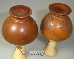 Rare Pair Bovine Bone + Bamboo Vases Chinese Japanese Signed Shou