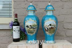 Rare Pair French Limoges signed vases duck animal water scene turquoise blue