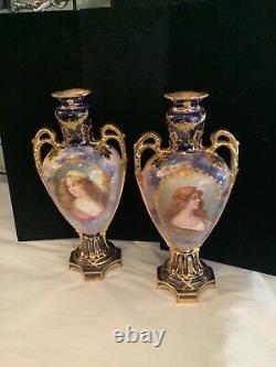 Rare Pair Of Antique Authentic Signed Royal Bonn Hand Painted Portrait Vases Nr