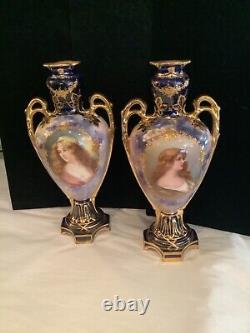 Rare Pair Of Antique Authentic Signed Royal Bonn Hand Painted Portrait Vases Nr