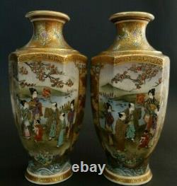Rare Pair Of Antique Japanese Meiji Period Satsuma Ceramic Pottery Vases Signed