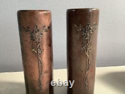 Rare Pair Of Antique Signed Heintz Sterling Silver On Bronze Pair Of Vases Nr