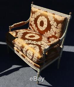 Rare Pair Signed Paint Decorated Maison Jansen Louis XVI Settee Canape Sofa