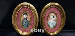 Rare Pair of Antique Miniature Portraits of Lady & Officer, Signed