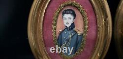 Rare Pair of Antique Miniature Portraits of Lady & Officer, Signed