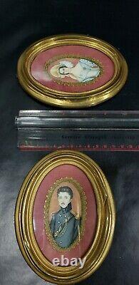 Rare Pair of Antique Miniature Portraits of Lady & Officer, Signed