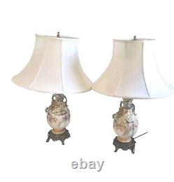 Rare Pair of Hand Painted Porcelain Lamps with Metal Footed Bases Signed