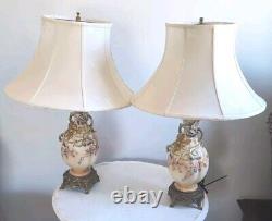 Rare Pair of Hand Painted Porcelain Lamps with Metal Footed Bases Signed