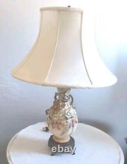 Rare Pair of Hand Painted Porcelain Lamps with Metal Footed Bases Signed