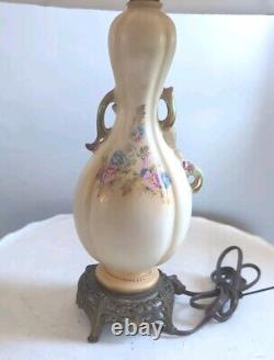 Rare Pair of Hand Painted Porcelain Lamps with Metal Footed Bases Signed