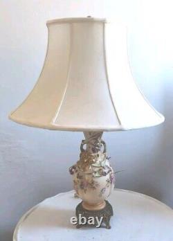 Rare Pair of Hand Painted Porcelain Lamps with Metal Footed Bases Signed