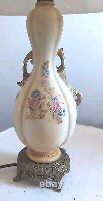 Rare Pair of Hand Painted Porcelain Lamps with Metal Footed Bases Signed