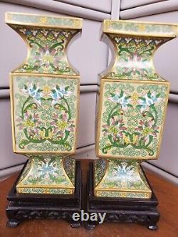 Rare Signed Pair Cong Form Cloisonne Vases Lotus Flower Chinese Enamel Oriental