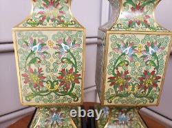 Rare Signed Pair Cong Form Cloisonne Vases Lotus Flower Chinese Enamel Oriental