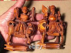 Rare Vintage Chinese Highly Detailed Carved Boxwood Signed Figurines (Pair)