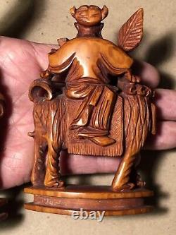 Rare Vintage Chinese Highly Detailed Carved Boxwood Signed Figurines (Pair)