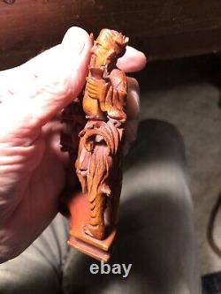 Rare Vintage Chinese Highly Detailed Carved Boxwood Signed Figurines (Pair)