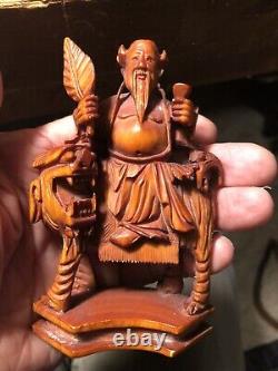 Rare Vintage Chinese Highly Detailed Carved Boxwood Signed Figurines (Pair)