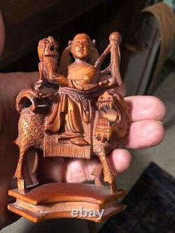 Rare Vintage Chinese Highly Detailed Carved Boxwood Signed Figurines (Pair)