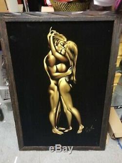 Rare Vintage Nude Couple Painting On Black Velvet Framed 29x 39 Signed