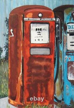 Realism, Gas Pumps Painted In Watercolor, Pair Of 5x7 Artworks By N. E. Thompson