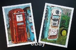 Realism, Gas Pumps Painted In Watercolor, Pair Of 5x7 Artworks By N. E. Thompson