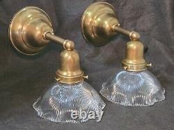 Restored! PAIR of Antique 1900 Brass Wall Sconces Signed Holophane Pagoda Shades