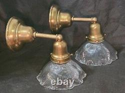 Restored! PAIR of Antique 1900 Brass Wall Sconces Signed Holophane Pagoda Shades