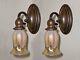 Restored Pair Of Antique Early 1900 Signed Quezal Pulled Feather Light Fixtures