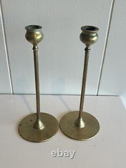 Robert Jarvie Candlesticks Signed Pair Brass Arts & Crafts Metalwork