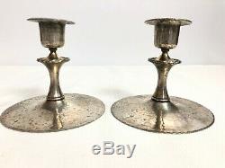 Roycroft Pair Of Candlesticks Acid Etched Silver Washed Signed Roycroft