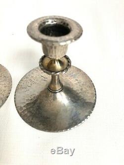 Roycroft Pair Of Candlesticks Acid Etched Silver Washed Signed Roycroft