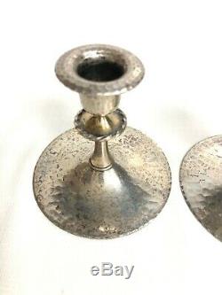 Roycroft Pair Of Candlesticks Acid Etched Silver Washed Signed Roycroft