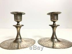 Roycroft Pair Of Candlesticks Acid Etched Silver Washed Signed Roycroft