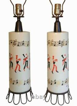 SCARCE LE CLAIRE VINT SGND LYN HND PNTD PRCLN TABLE LAMPS, WithMARCHING BAND THEME